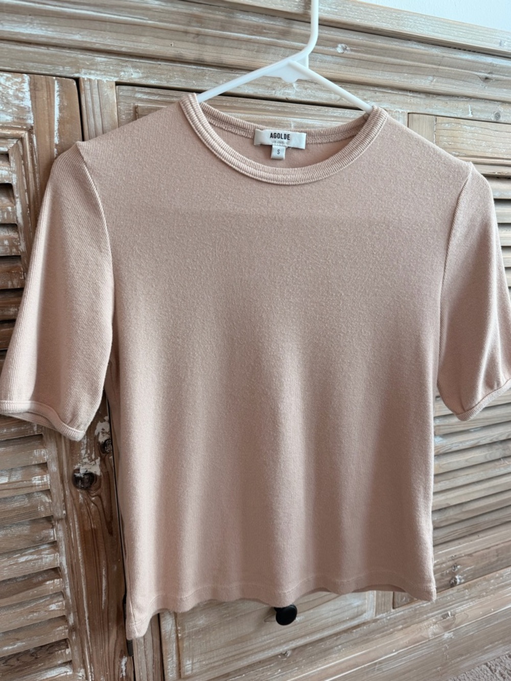 Agolde Short Sleeve Relaxed Crewneck Ribbed Tee in Light Beige (Size Small)